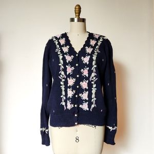 Vintage Cottagecore Hand Embroidered 80s 90s Floral Grandma Cardigan Sweater